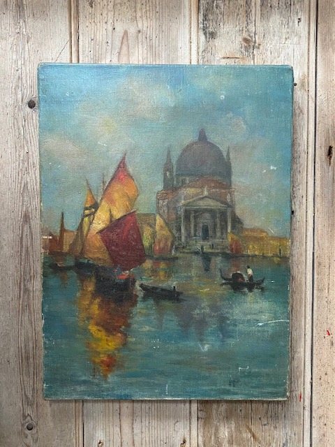Wells Reclamation Early 20th Century Boat Scene Oil On Canvas