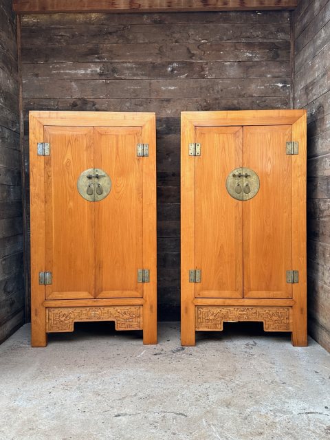 Fabulous Pair Of Chinese Elm Marriage Wardrobes