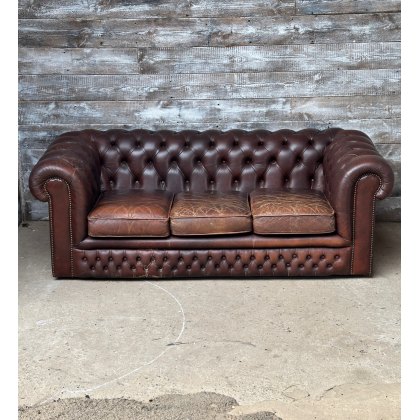 Vintage Mid 20th Century Chesterfield Brown Leather Sofa