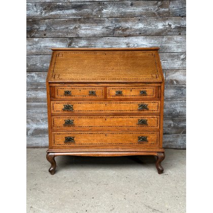 Antique Edwardian English Inlaid Oak Bureau