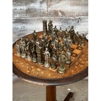 Vintage Marquetry Chess Table With Quality Cast Metal Chess Pieces