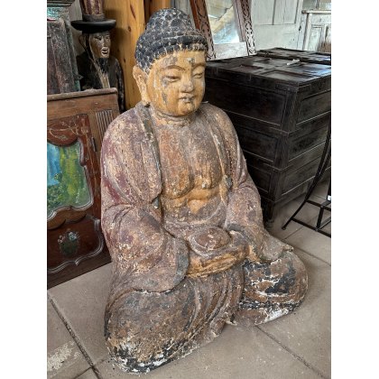 Fabulous Massive Hand Carved & Painted Wooden Buddha