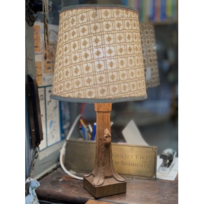 20th Century Mouseman Carved Oak Lamp With Shade