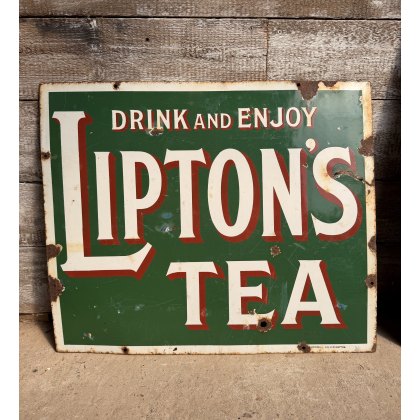 Stunning Antique Liptons Tea Green Enamel Sign