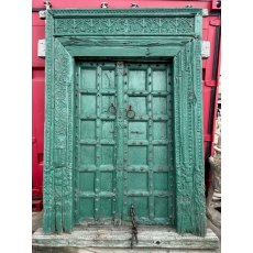 Fabulous Pair of Rustic Green Carved Teak Doors