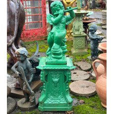 Painted Cast Iron Cherub Playing Flute On Plinth Statue