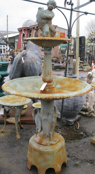 Wells Reclamation Two Tiered Fountain with Birds and Cherub