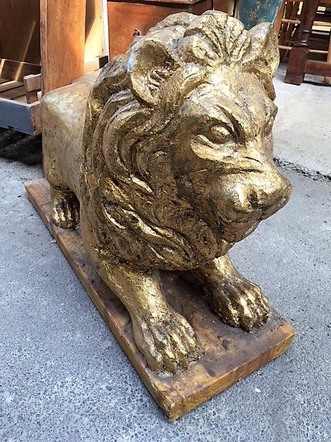 Wells Reclamation Carved Wooden Gold Painted Lion