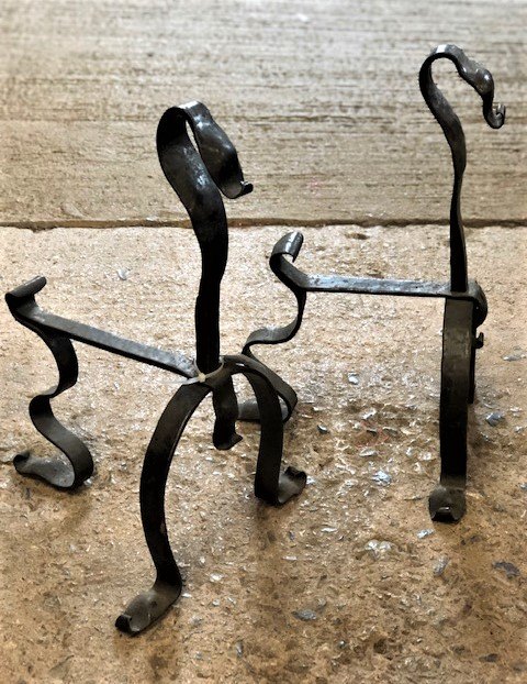 Wells Reclamation Unusual Pair of Wrought Iron Fire Dogs