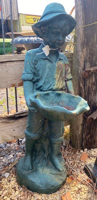 Wells Reclamation Boy Holding Clam Cast Iron Bird Bath