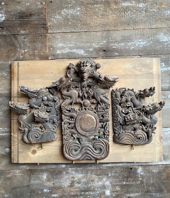 Antique oriental hand carved triptych panelling