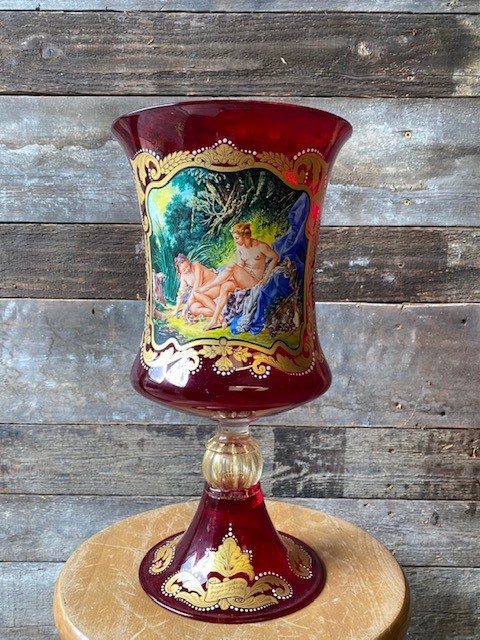Wells Reclamation Hand Painted Ruby Murano Glass Goblet Vase