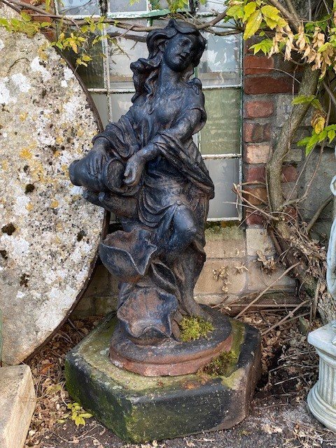 Wells Reclamation Cast Iron Woman With Lilypads Fountain On Plinth Statue