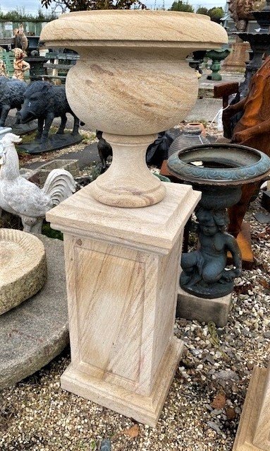 Hand Carved Natural Stone Urn with Plinth