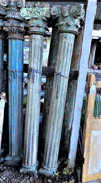 Wells Reclamation Pair of Green Fluted Teak Columns