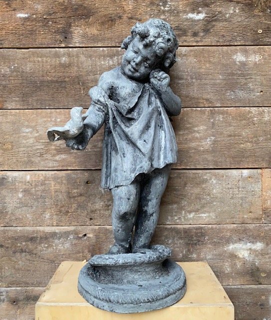 Wells Reclamation Vintage Rustic 'Girl With Bird' Lead Statue