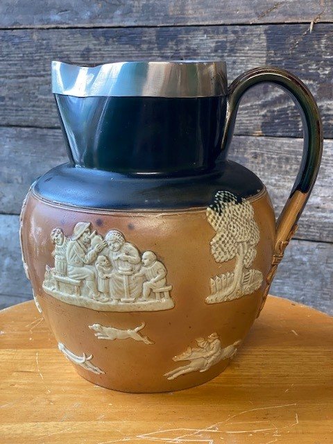 Wells Reclamation Early 20th Century Royal Doulton Stoneware Harvest Jug With Silver Collar