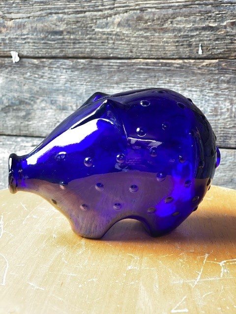 Vintage Blue Glass Hobnail Holmegaard Piggy Bank
