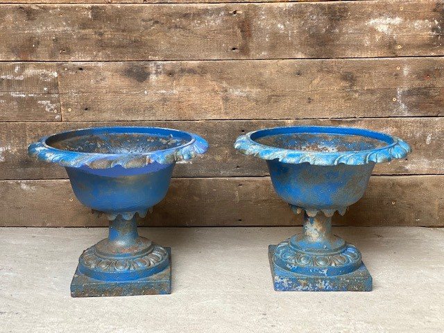 Wells Reclamation Pair of Antique Cast Iron Garden Urns