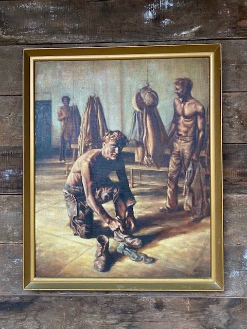 Wells Reclamation Stuart Brownson (Australian, 20th) 'Miners In Changing Room' Oil On Board
