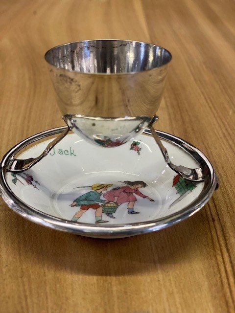 Early 1900's Silver Plated Egg Cup & Saucer (Jack & Jill)