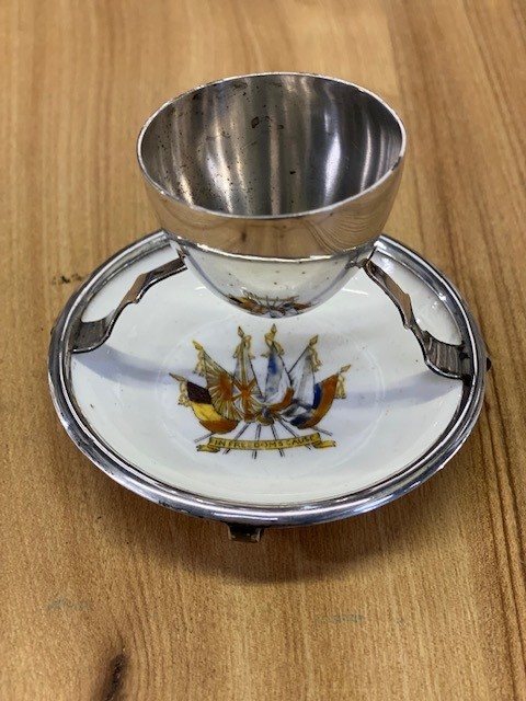 Wells Reclamation Early 1900's Silver Plated Egg Cup & Saucer (Flags)