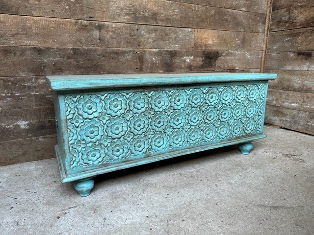 Wells Reclamation Rustic Teak Blue Carved Chest