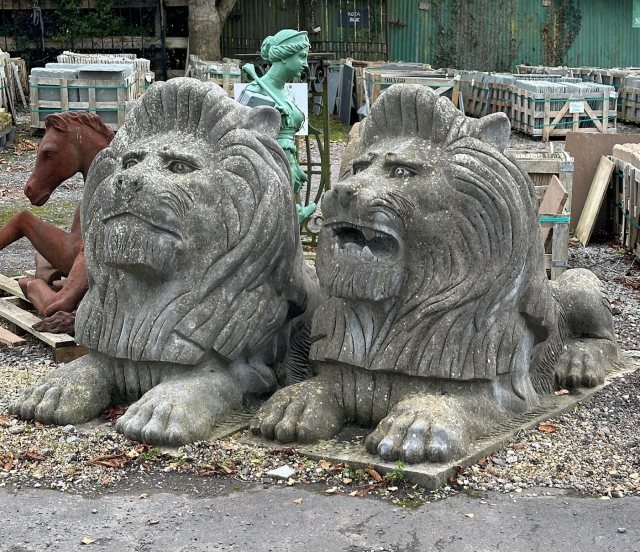 Wells Reclamation Fantastic Massive Hand Carved Stone Lion Statues Pair