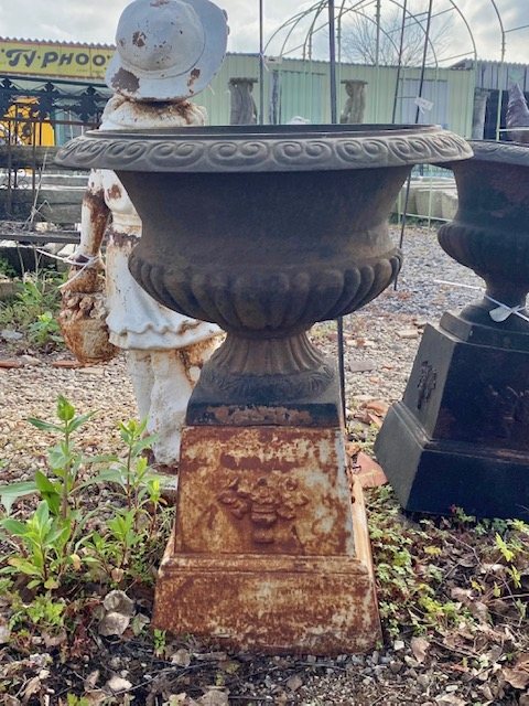 Vintage Cast Iron Decorative Urn On Plinth