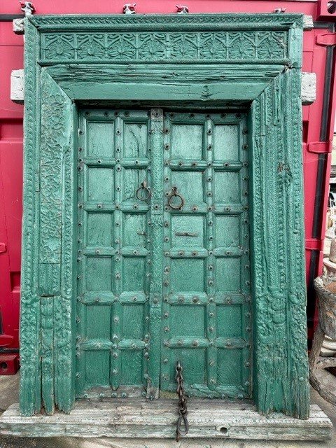 Fabulous Pair of Rustic Green Carved Teak Doors