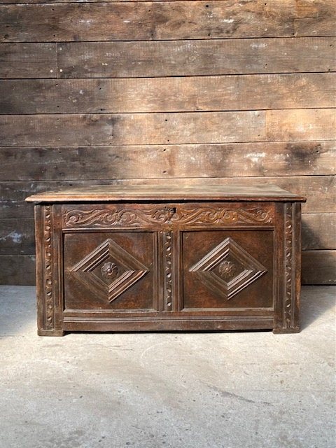 Antique 17th Century Decorative Carved Oak Coffer