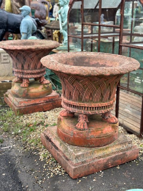 Impressive Pair of Romanesque Style Weathered Garden Urns