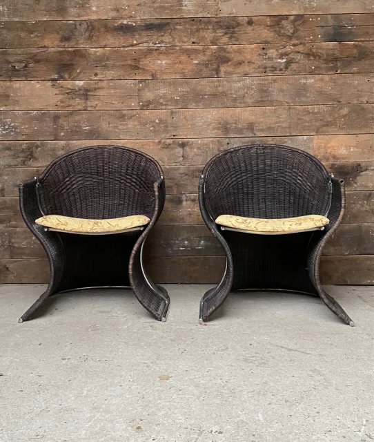 Retro Mid-Century Pieff Venus Wicker & Chrome Tub Chairs