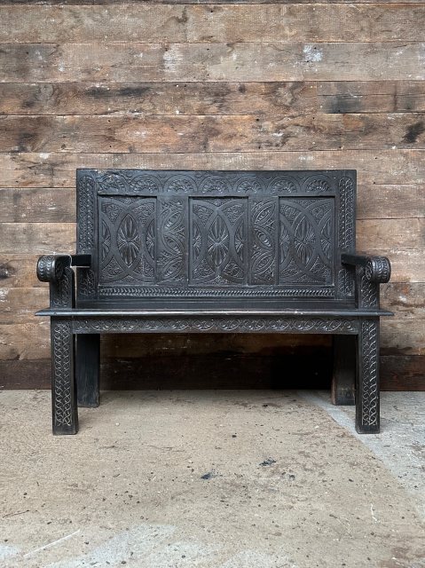 Antique Victorian Ebonised Pine Panel Back Bench