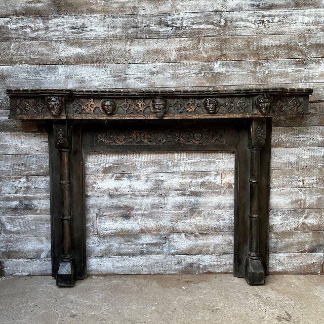 Impressive Antique 19th Century "Kings" Carved Oak Fireplace Surround