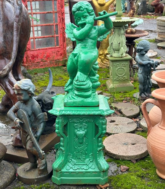 Painted Cast Iron Cherub Playing Flute On Plinth Statue