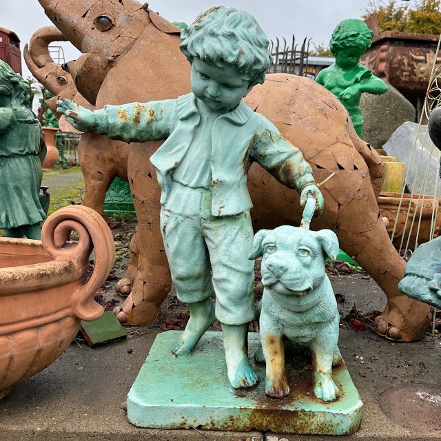 Painted Cast Iron Boy With Dog Statue