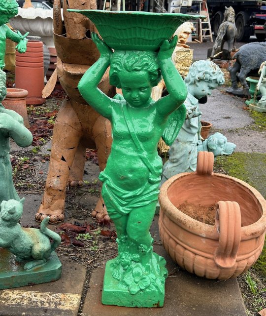 Painted Cast Iron Girl With Bowl Fountain Statue