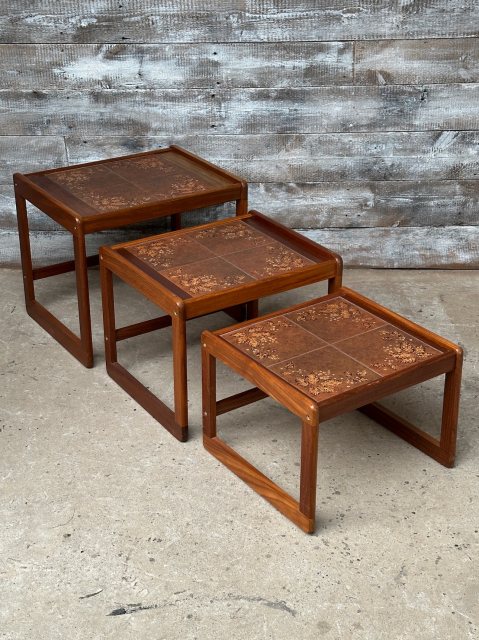 Vintage Mid Century Teak Tiled Top Nest Of Coffee Tables