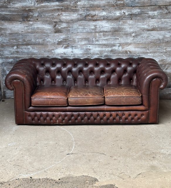 Vintage Mid 20th Century Chesterfield Brown Leather Sofa