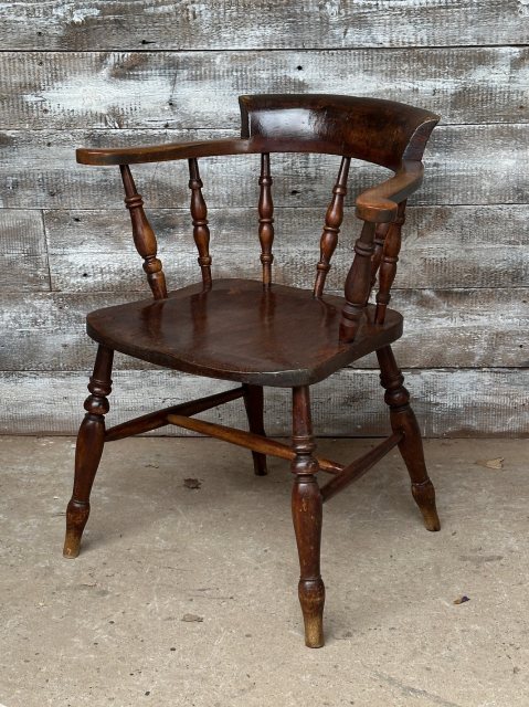 Antique 19th Century English Elm & Beechwood Smoker Bow Armchair