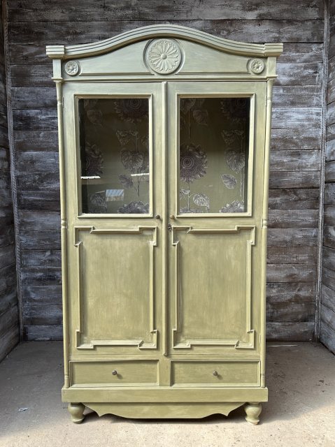 Vintage Large Painted Pine Glazed Front Cupboard
