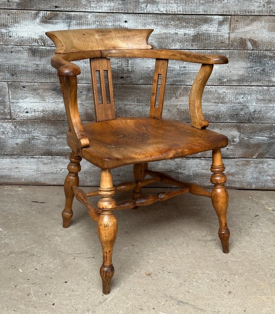 Stunning Antique English Elm Smokers Bow Armchair C1900