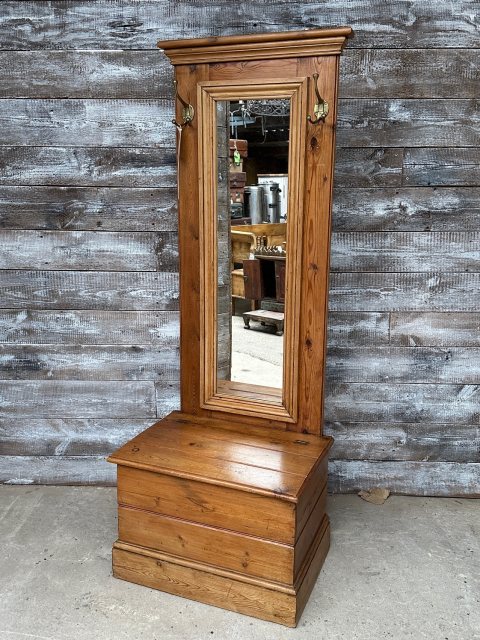 Unique Vintage Waxed Pine Freestanding Mirror With Chest