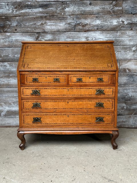 Antique Edwardian English Inlaid Oak Bureau