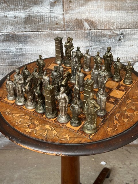 Vintage Marquetry Chess Table With Quality Cast Metal Chess Pieces