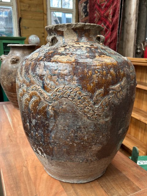 Antique Brown Glazed Dragon Jar Planter