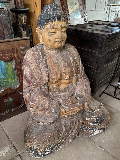 Fabulous Massive Hand Carved & Painted Wooden Buddha