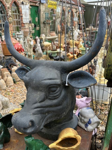 Painted Cast Iron Bull Head Statue