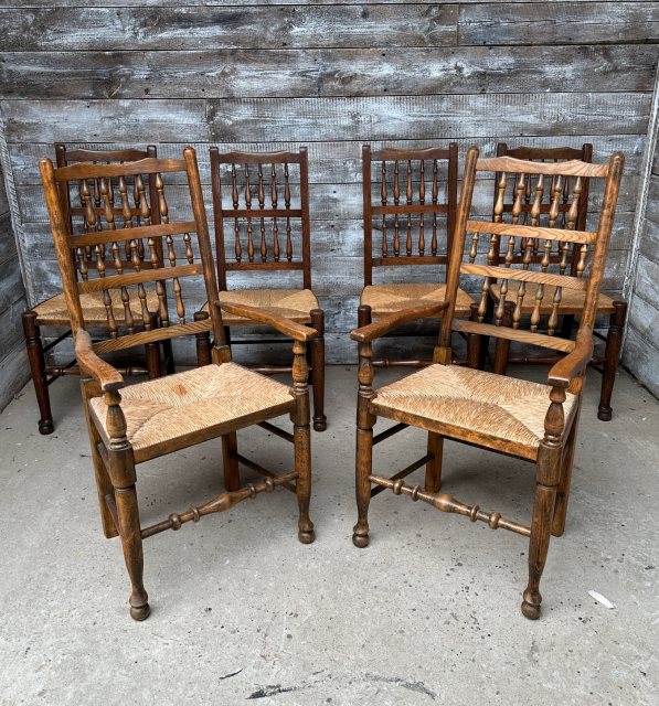 Set Of 6 English Made Oak Cane Upholstered Dining Chairs